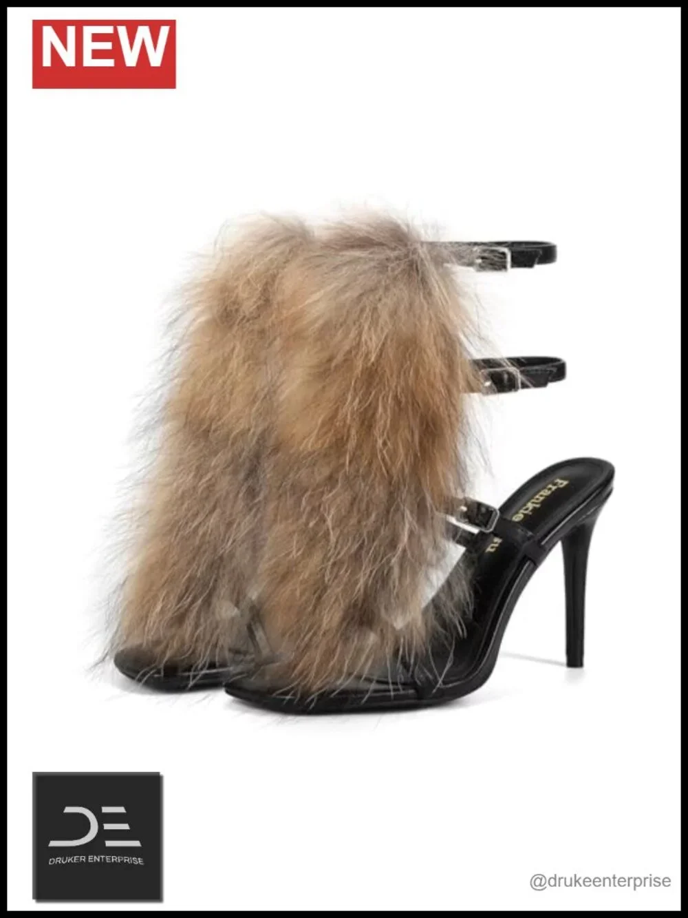 Genuine Fox Fur Stiletto High Heeled Sandals Open Toe Gladiator Furry Fluffy